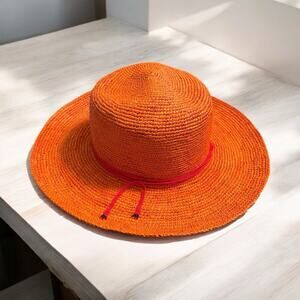 MY BOB Genuine Panama Hat Natural Straw Rust Orange
